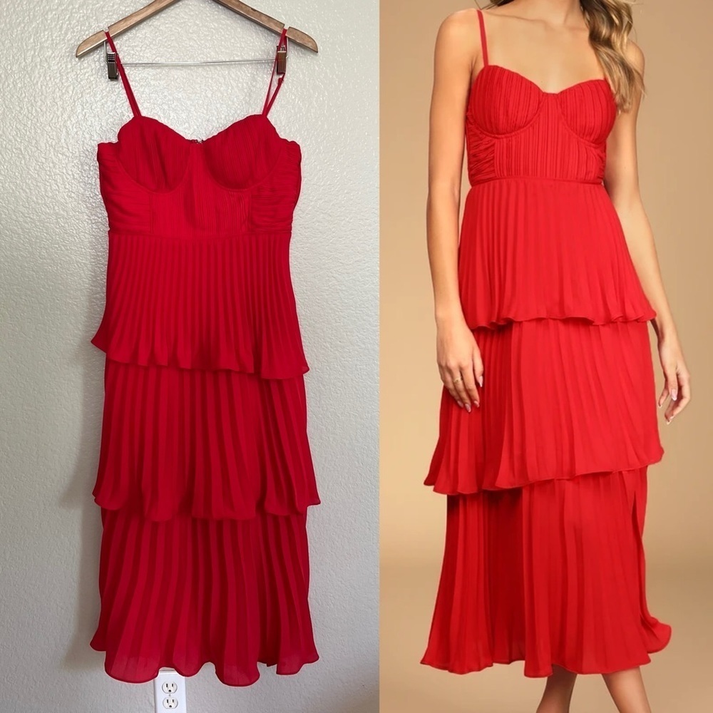 NWOT Cascading Crush Red Tiered Bustier Midi Dress